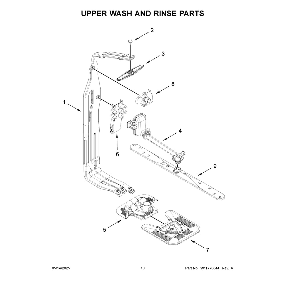 Upper Wash And Rinse Parts Diagram and Parts List for WDTS8024SZ0  Whirlpool Dishwasher
