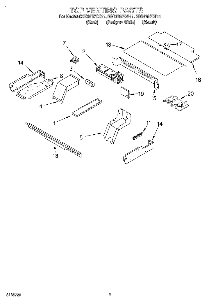TOP VENTING Diagram and Parts List for RBD275PDB11  Whirlpool Wall Oven