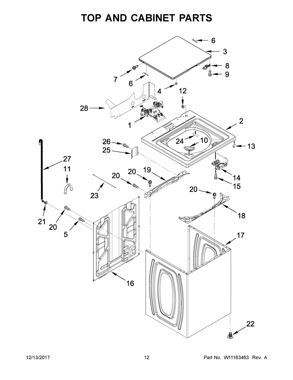 Top And Cabinet Parts Diagram and Parts List for WET4027HW0  Whirlpool Washer Dryer Combo