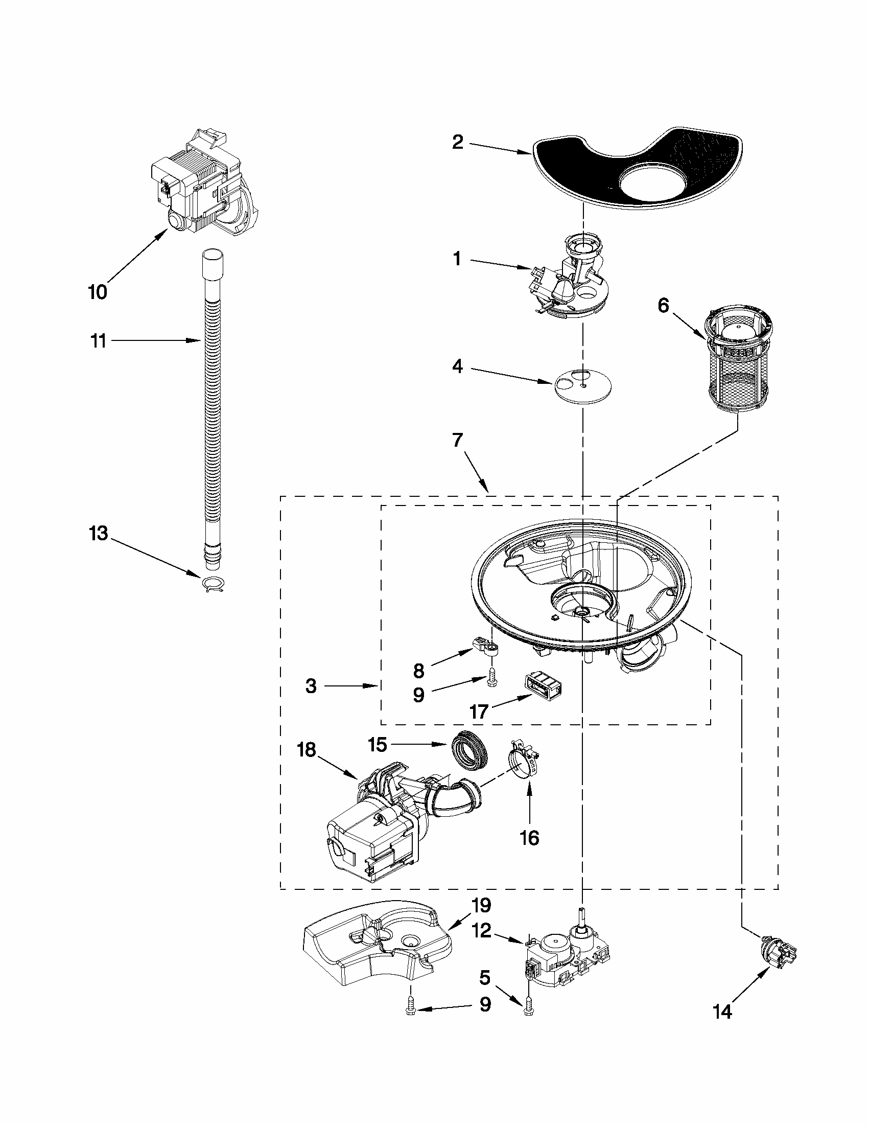Pump, Washarm And Motor Parts Diagram and Parts List for 66513043K110  Kenmore Dishwasher
