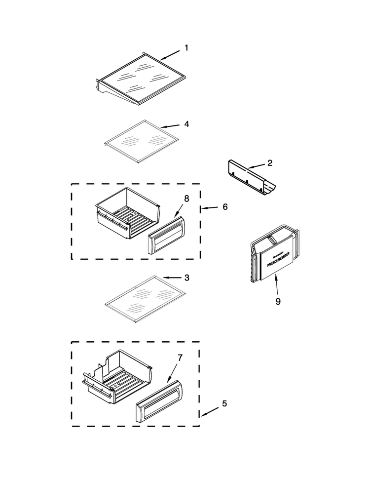 Refrigerator Shelf Parts Diagram and Parts List for KBSN608EPA00  KitchenAid Refrigerator