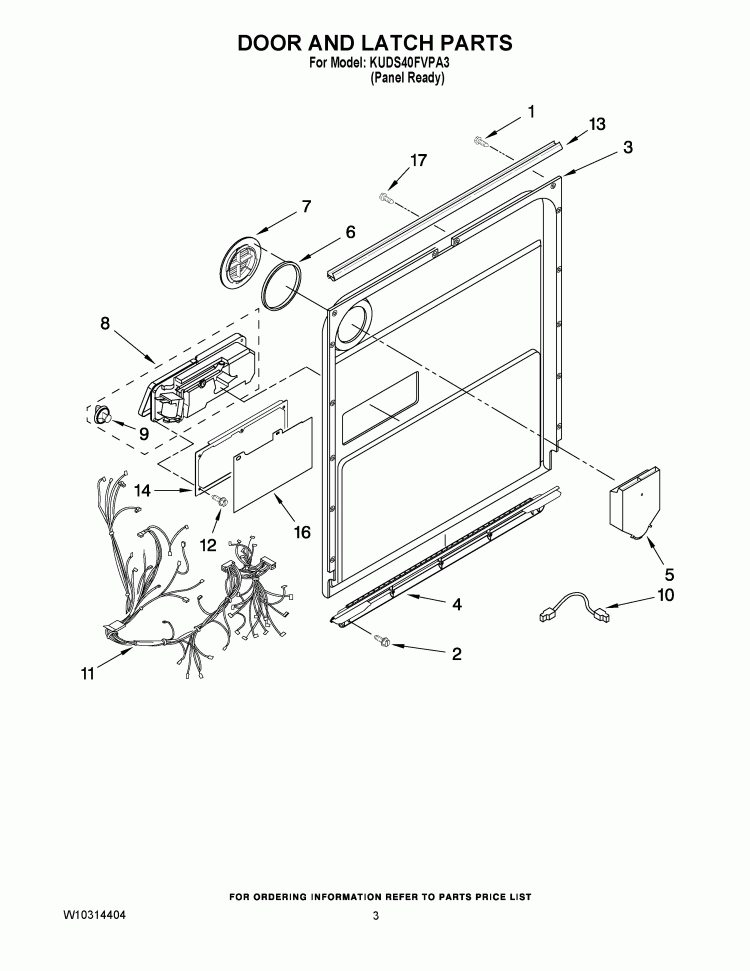 DOOR AND LATCH PARTS Diagram and Parts List for KUDS40FVPA3  KitchenAid Dishwasher