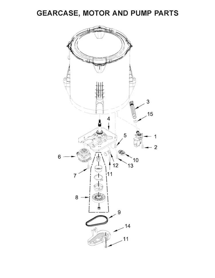 Gearcase, Motor And Pump Parts Diagram and Parts List for WTW4810EW1  Whirlpool Washer