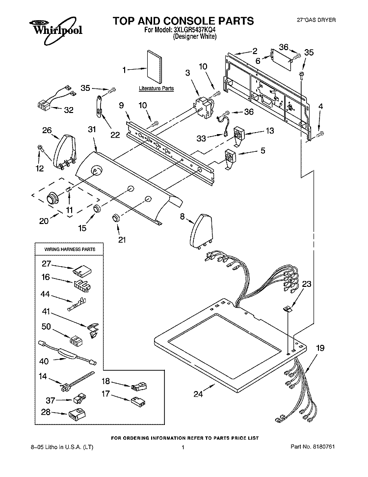 TOP AND CONSOLE PARTS Diagram and Parts List for 3XLGR5437KQ4  Whirlpool Dryer