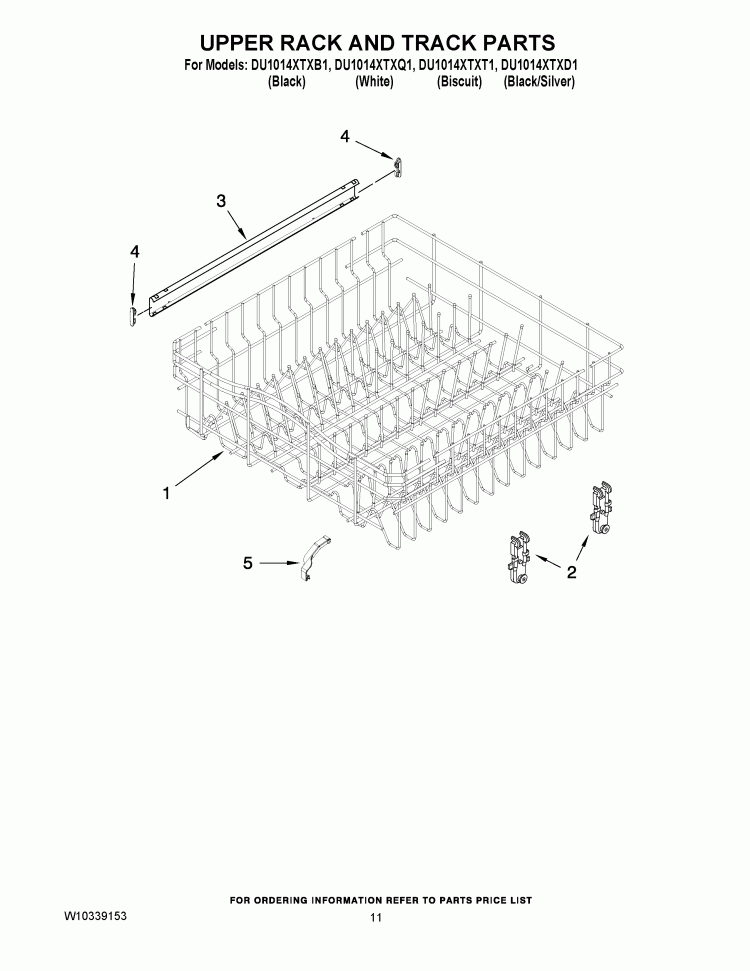 UPPER RACK AND TRACK PARTS Diagram and Parts List for DU1014XTXB1  Whirlpool Dishwasher