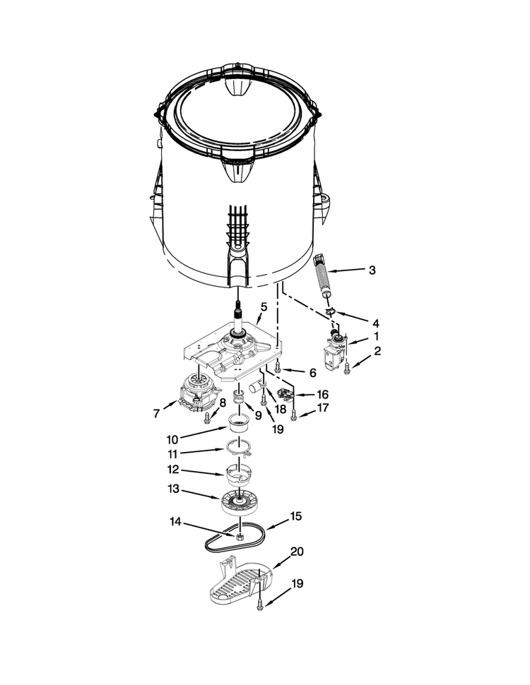 Gearcase, Motor And Pump Parts Diagram and Parts List for 4GWTW4740YQ2  Whirlpool Washer