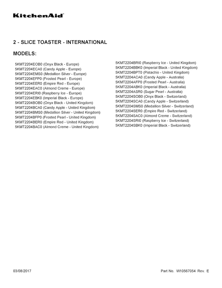 Cover Sheet Diagram and Parts List for 5KMT2204SAC0  KitchenAid Toaster