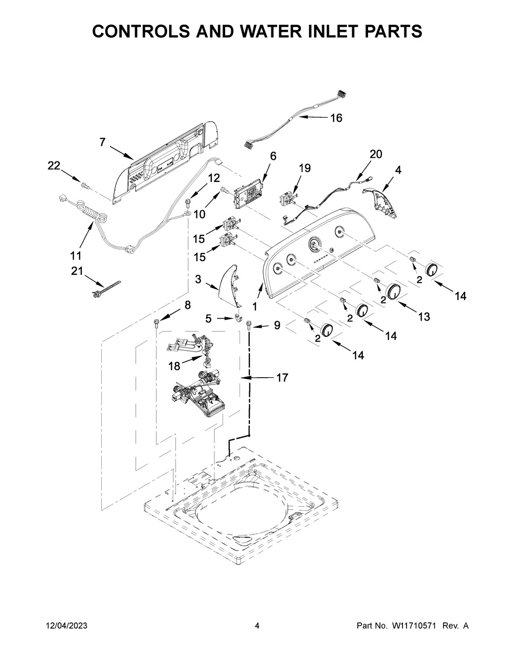 Controls And Water Inlet Parts Diagram and Parts List for 1CWTW4815EW3  Whirlpool Washer