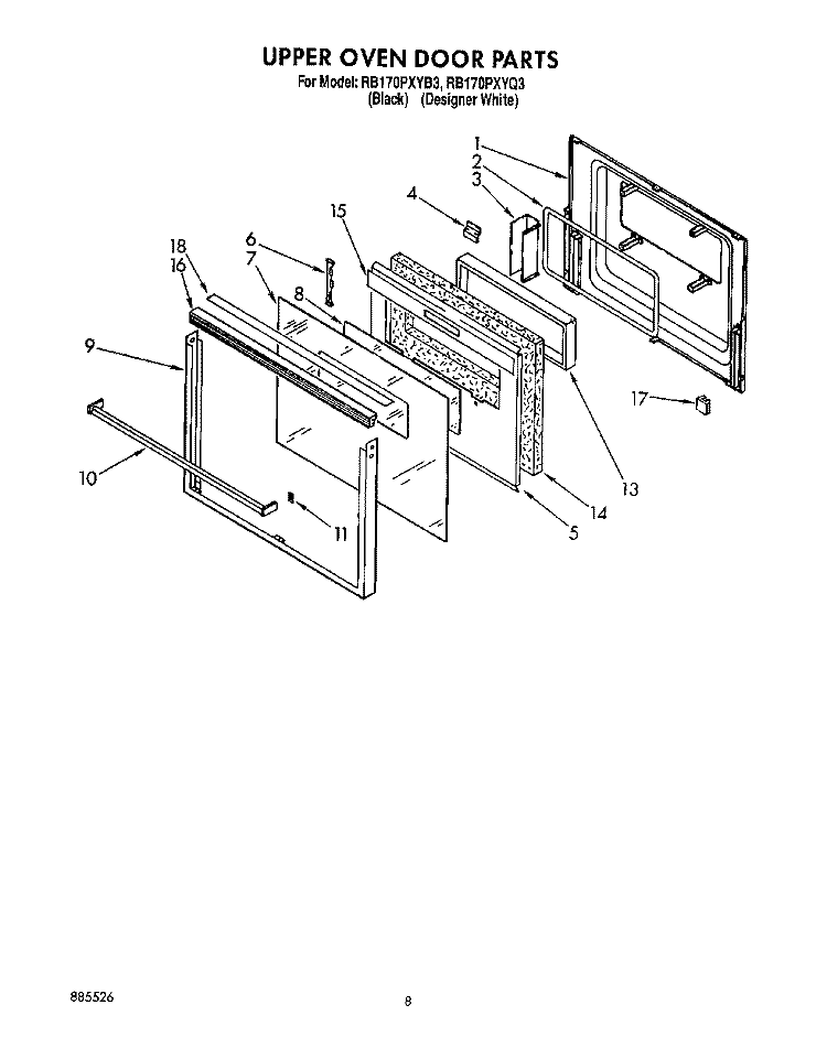 UPPER OVEN DOOR Diagram and Parts List for RB170PXYQ3  Whirlpool Wall Oven