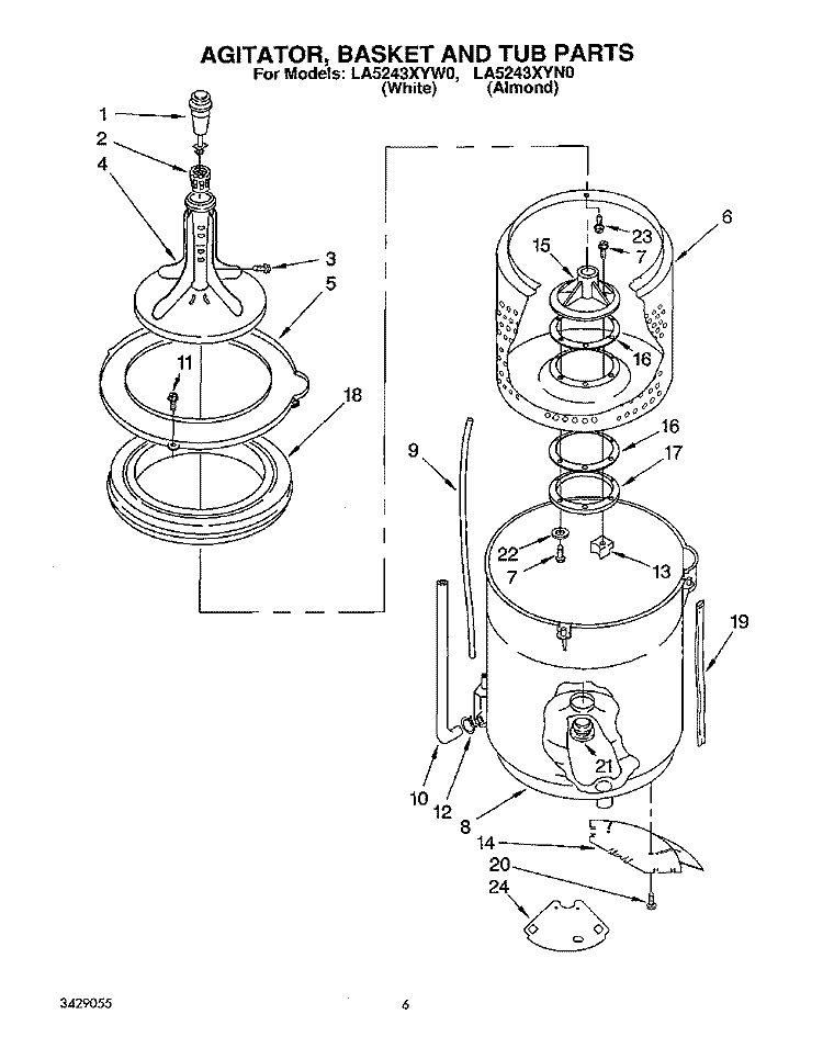 AGITATOR, BASKET AND TUB Diagram and Parts List for LA5243XYW0  Whirlpool Washer