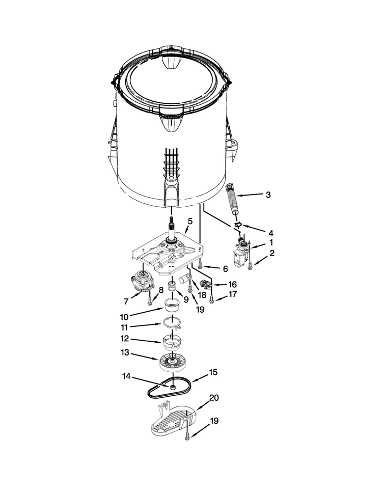 Gearcase, Motor And Pump Parts Diagram and Parts List for 1CWTW4840YW1  Whirlpool Washer