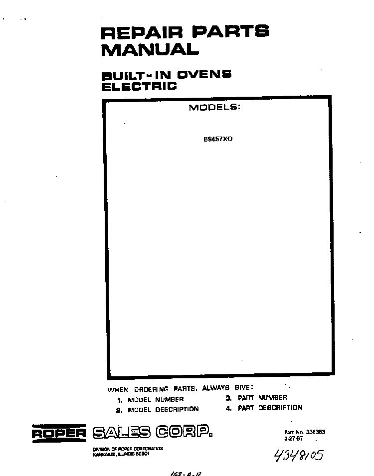 Front Cover Diagram and Parts List for B9457*0  Roper Range