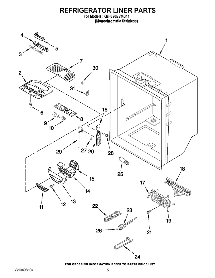 REFRIGERATOR LINER PARTS Diagram and Parts List for KBFS20EVMS11  KitchenAid Refrigerator