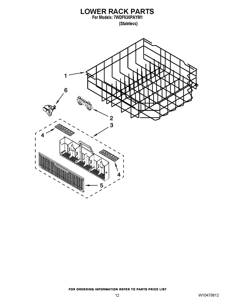LOWER RACK PARTS Diagram and Parts List for 7WDF530PAYM1  Whirlpool Dishwasher