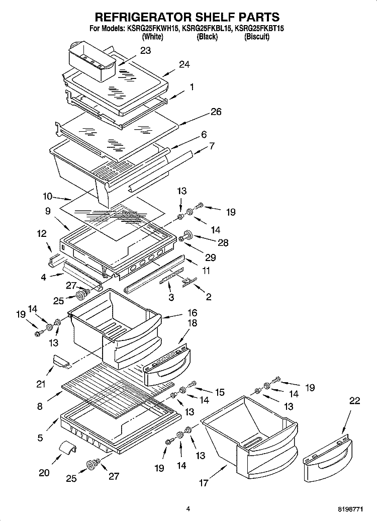 REFRIGERATOR SHELF PARTS Diagram and Parts List for KSRG25FKBL15  KitchenAid Refrigerator