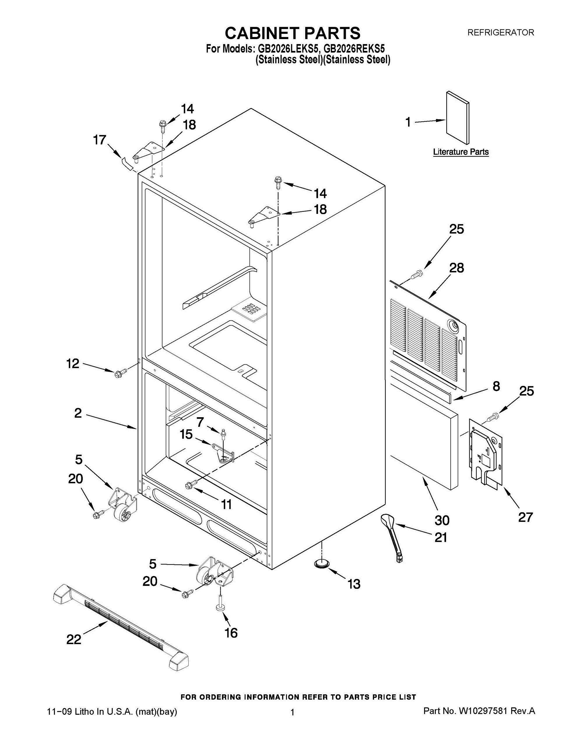 01 - CABINET PARTS Diagram and Parts List for GB2026REKS5  Whirlpool Refrigerator