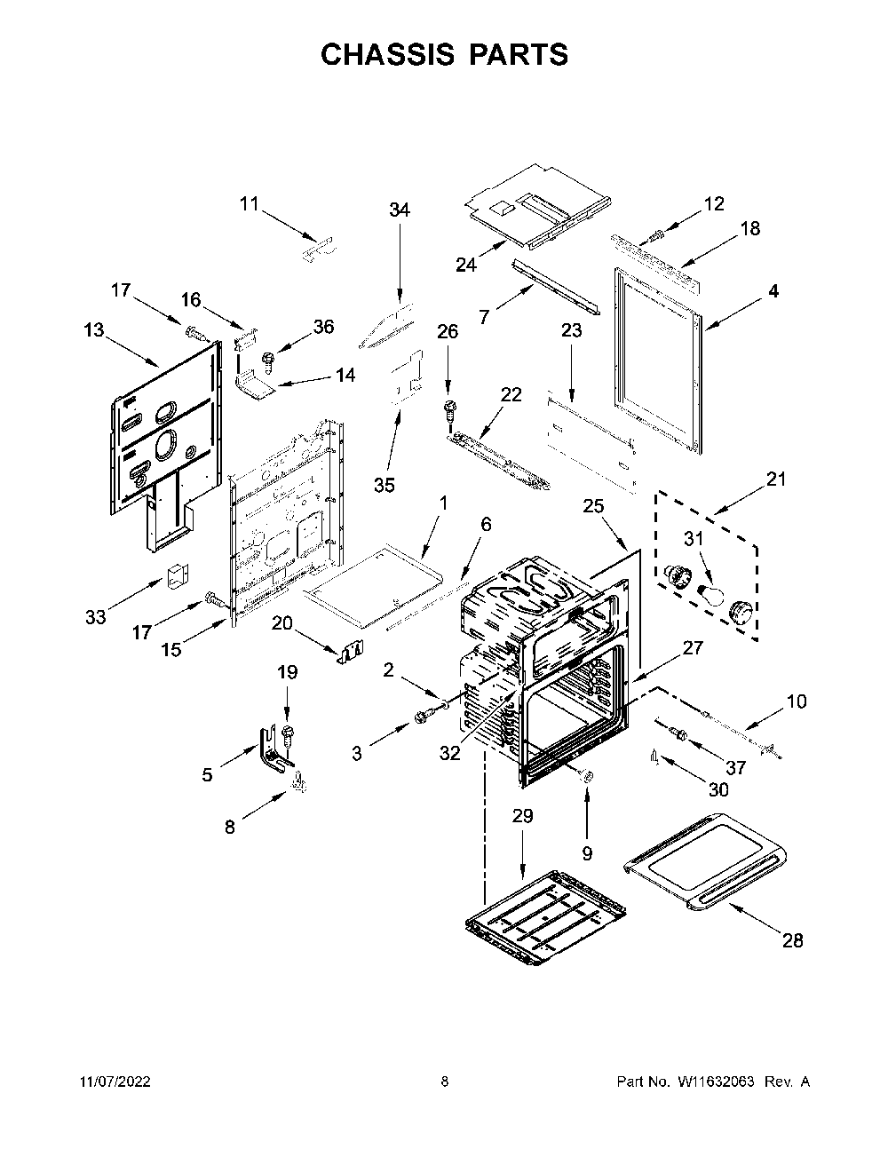Chassis Parts Diagram and Parts List for KFGD500EWH10  KitchenAid Range