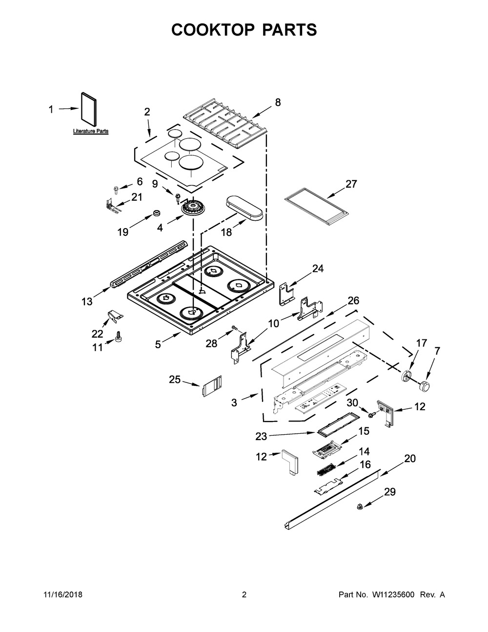 Cooktop Parts Diagram and Parts List for KSGB900ESS3  Whirlpool Range