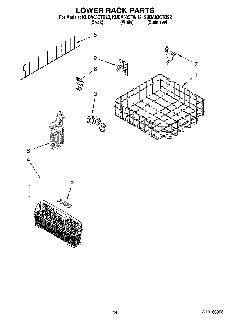 LOWER RACK PARTS, OPTIONAL PARTS (NOT INCLUDED) Diagram and Parts List for KUDA03CTBL2  KitchenAid Dishwasher