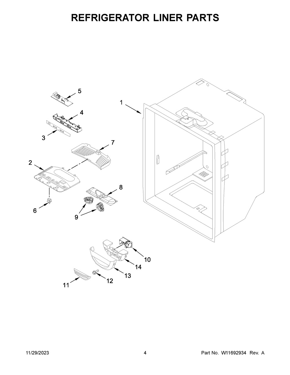 Refrigerator Liner Parts Diagram and Parts List for WRB329DMBM05  Whirlpool Refrigerator