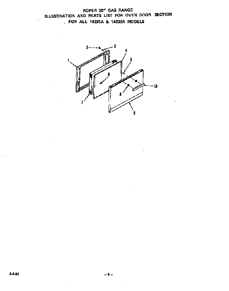 Oven Door Diagram and Parts List for 1423*2A  Roper Range