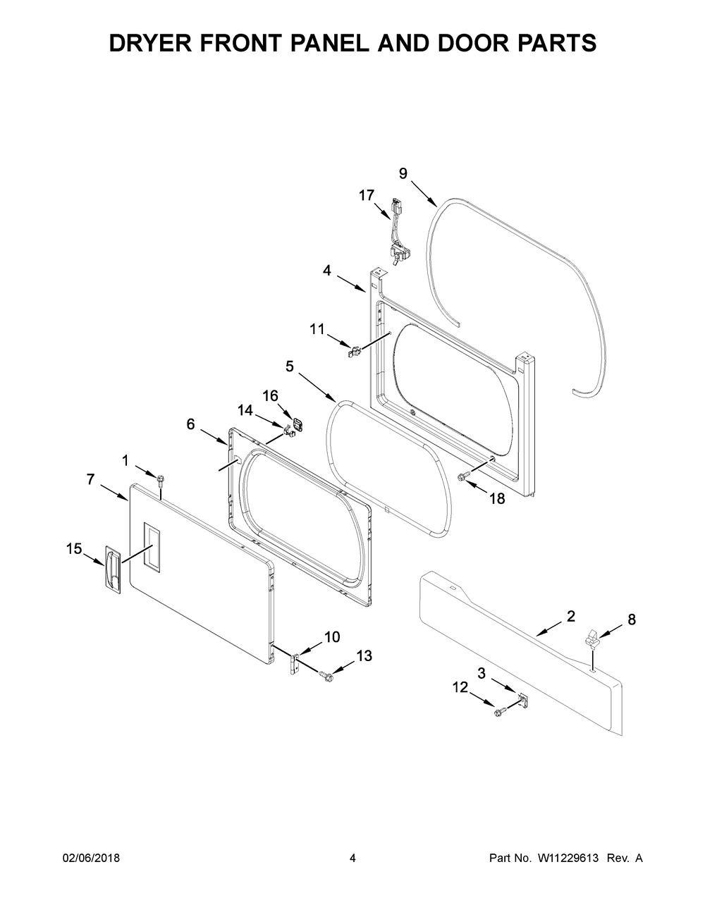 Dryer Front Panel And Door Parts Diagram and Parts List for 7MWGT4027HW0  Whirlpool Dryer