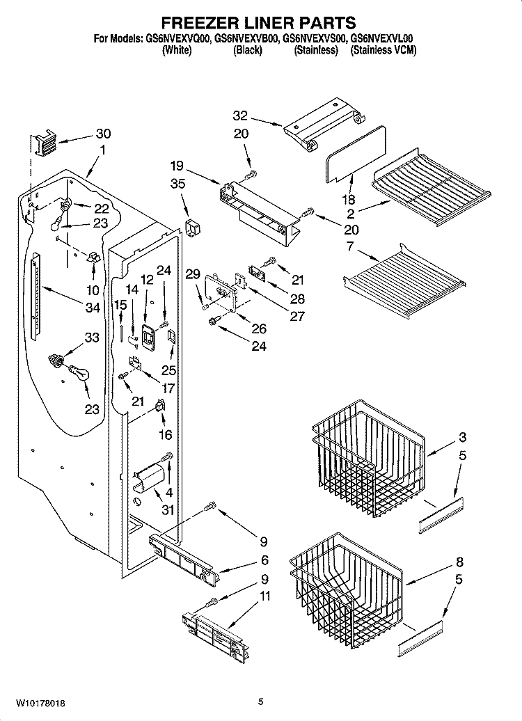 FREEZER LINER PARTS Diagram and Parts List for GS6NVEXVB00  Whirlpool Refrigerator