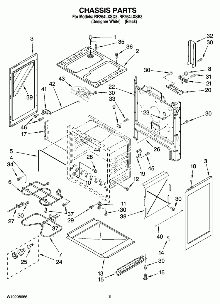 CHASSIS PARTS Diagram and Parts List for RF264LXSB3  Whirlpool Range