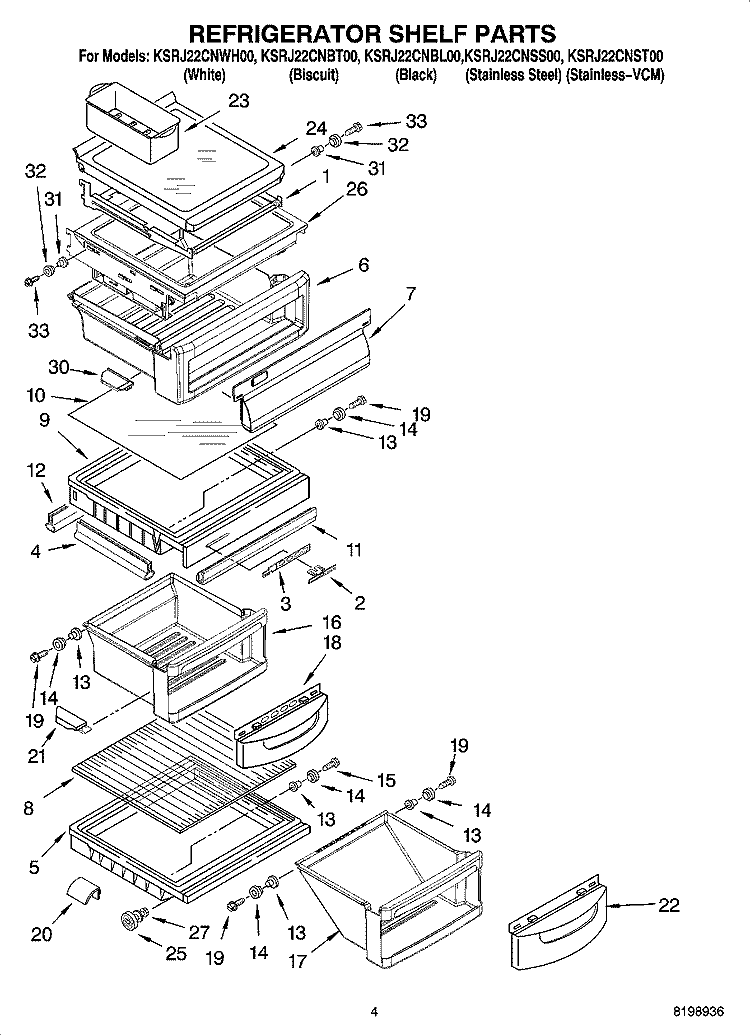 REFRIGERATOR SHELF PARTS Diagram and Parts List for KSRJ22CNWH00  KitchenAid Refrigerator