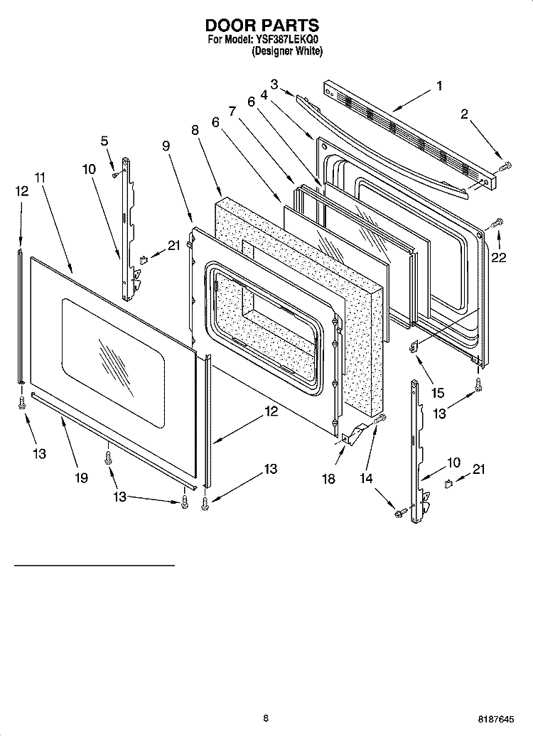 DOOR PARTS, MISCELLANEOUS PARTS Diagram and Parts List for YSF387LEKQ0  Whirlpool Range