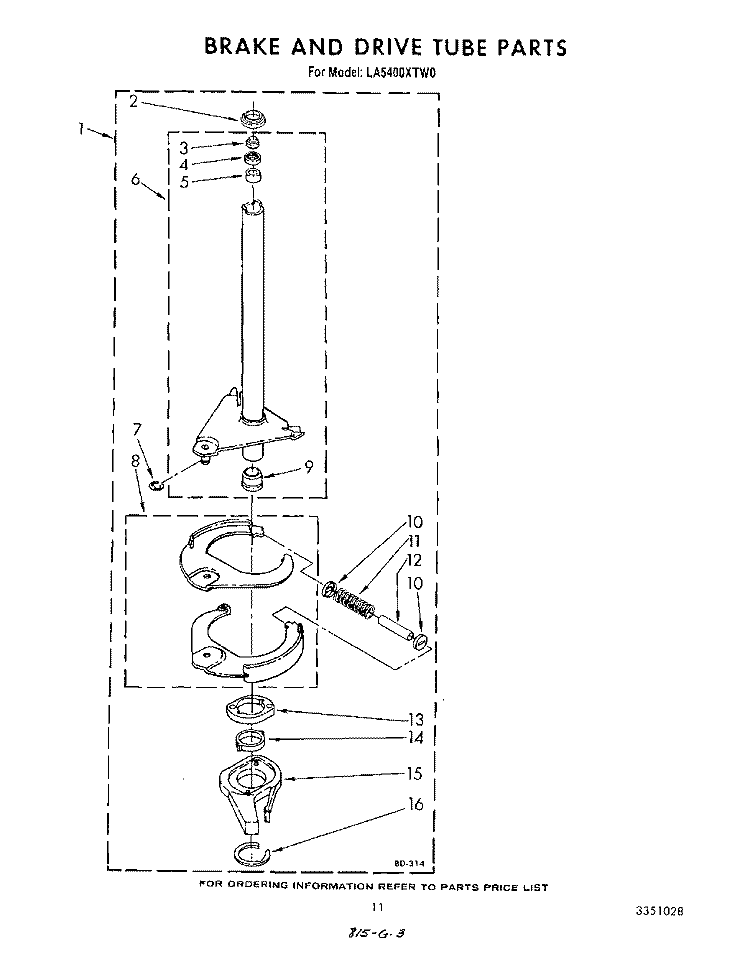 BRAKE AND DRIVE TUBE Diagram and Parts List for LA5400XTN0  Whirlpool Washer