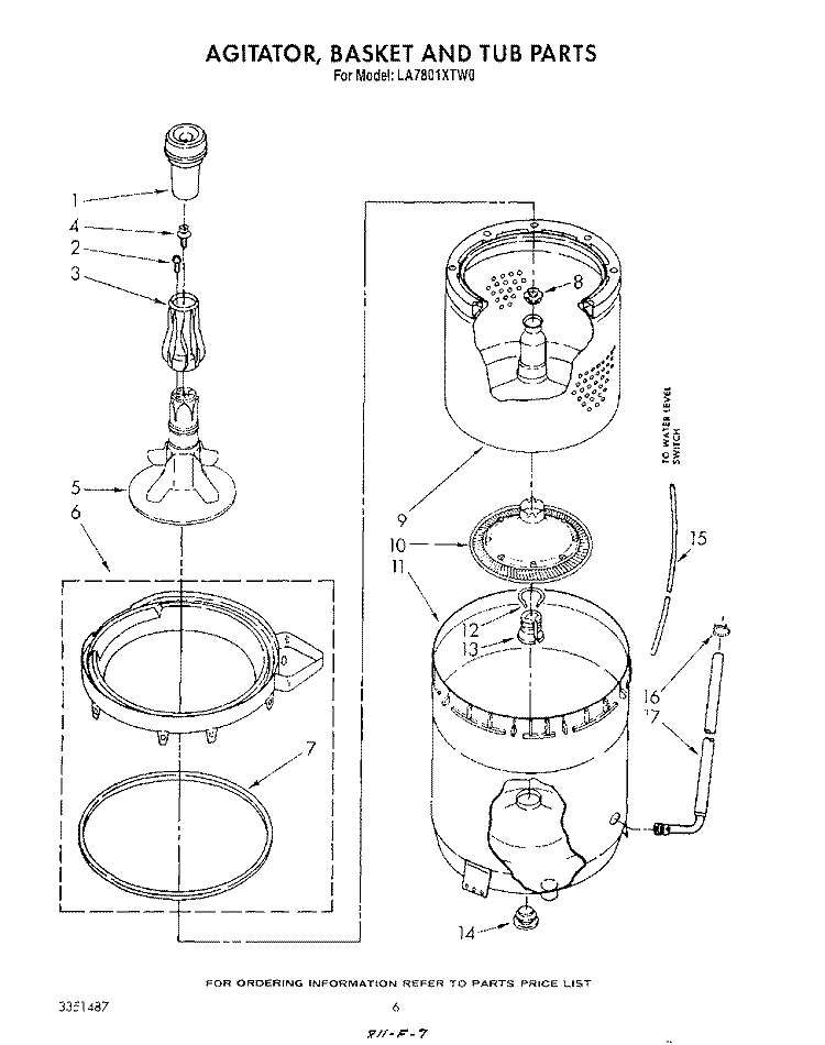 AGITATOR, BASKET AND TUB Diagram and Parts List for LA7801XTF0  Whirlpool Washer