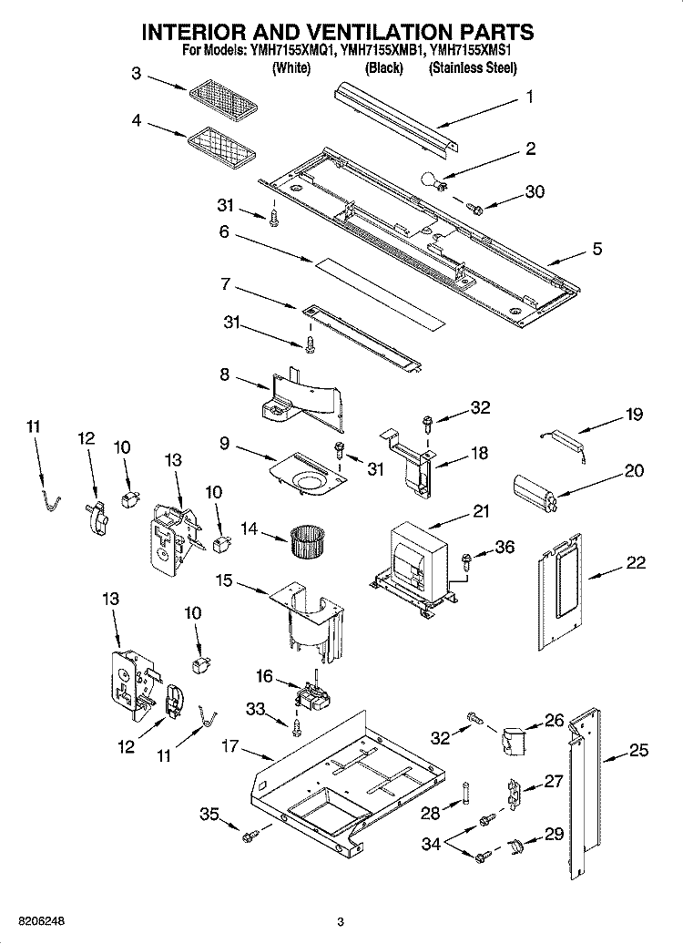 INTERIOR AND VENTILATION PARTS Diagram and Parts List for YMH7155XMS1  Whirlpool Microwave