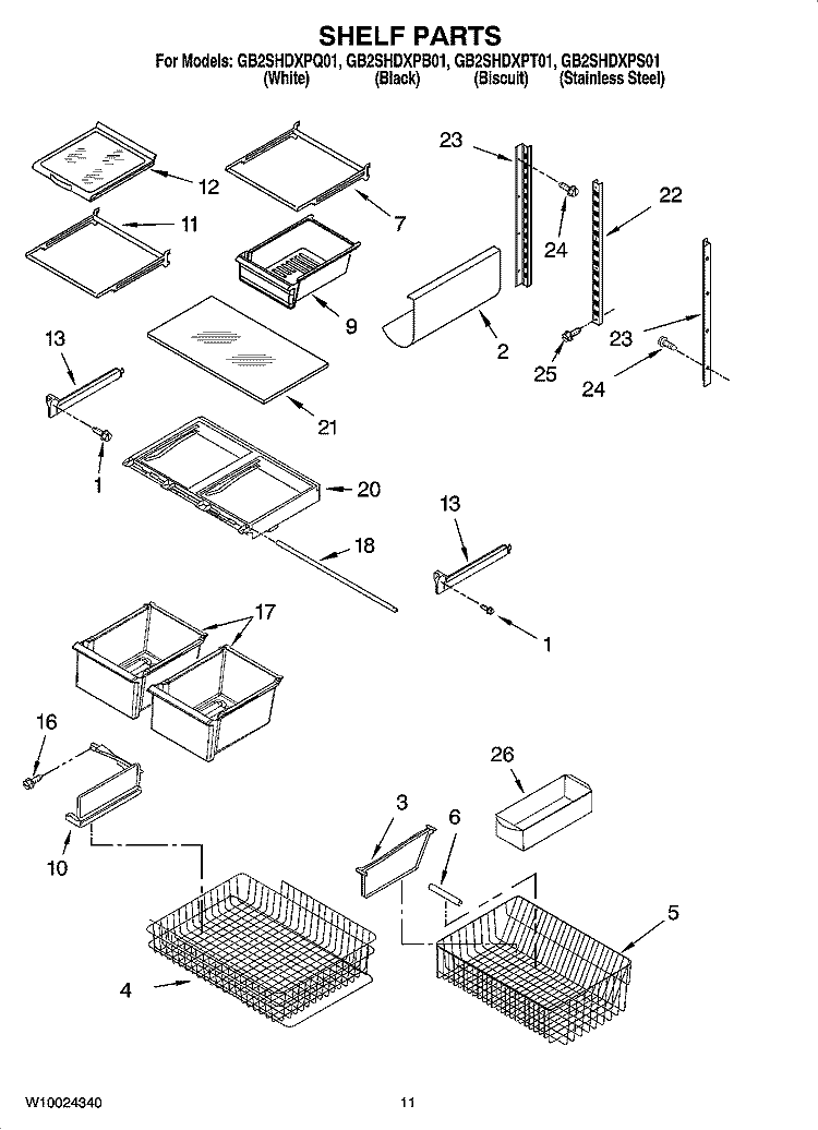 SHELF PARTS Diagram and Parts List for GB2SHDXPQ01  Whirlpool Refrigerator