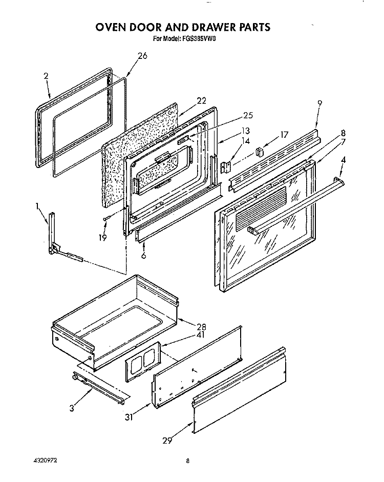 OVEN DOOR AND DRAWER Diagram and Parts List for FGS385VL0  Whirlpool Range
