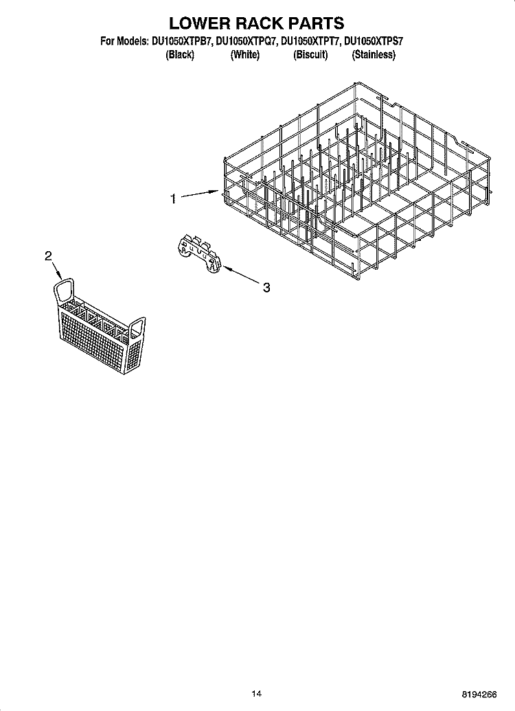 LOWER RACK PARTS, OPTIONAL PARTS (NOT INCLUDED) Diagram and Parts List for DU1050XTPS7  Whirlpool Dishwasher