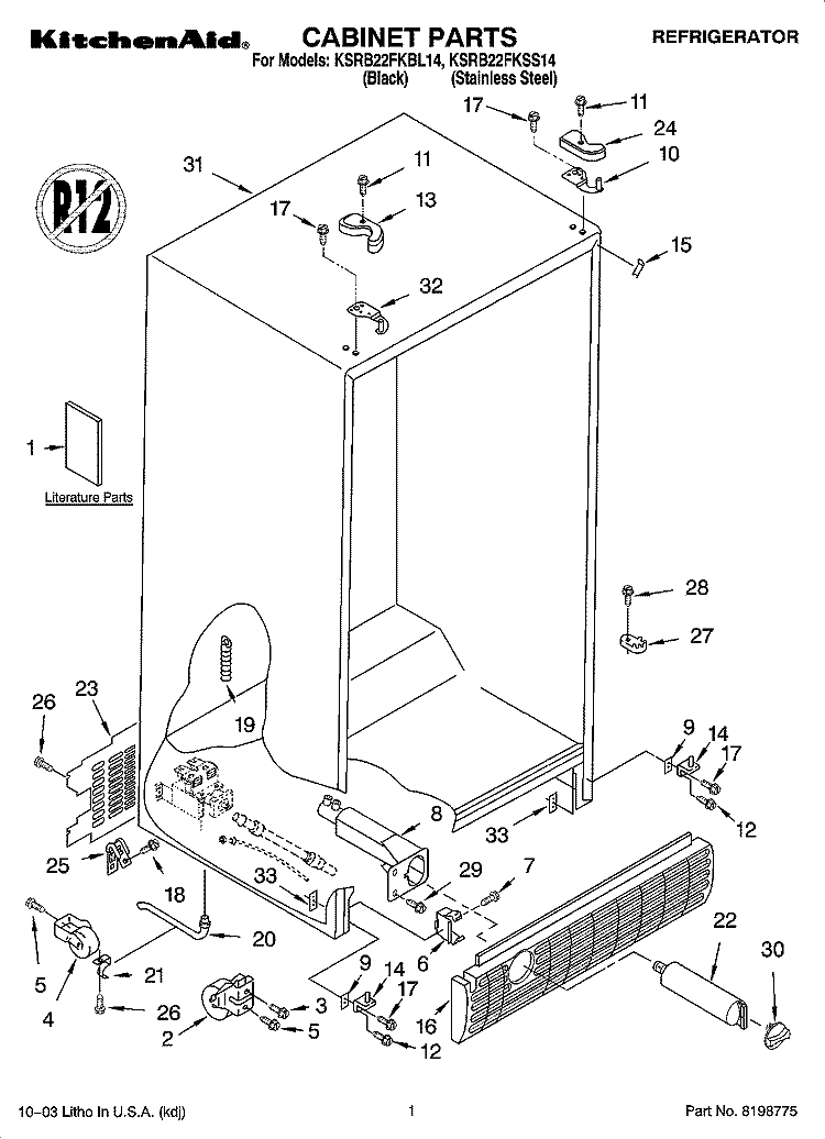 CABINET PARTS Diagram and Parts List for KSRB22FKSS14  KitchenAid Refrigerator