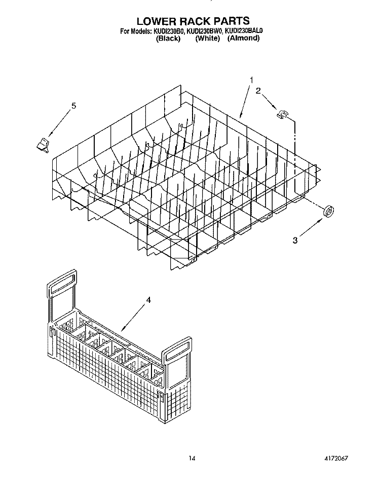 LOWER RACK Diagram and Parts List for KUDI230BWH0  KitchenAid Dishwasher