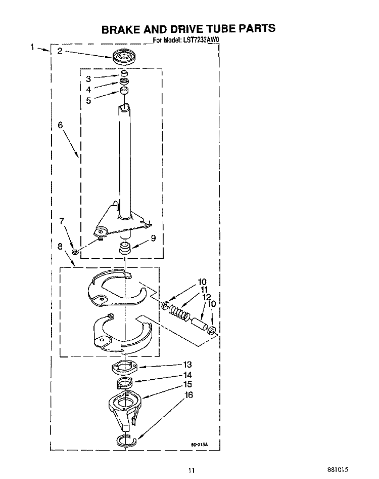 BRAKE AND DRIVE TUBE Diagram and Parts List for LST7233AW0  Whirlpool Washer