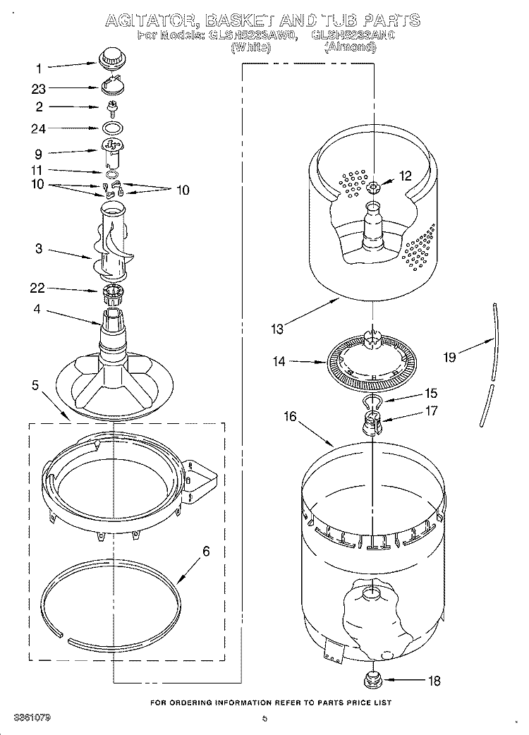 AGITATOR, BASKET AND TUB Diagram and Parts List for GLSR5233AW0  Whirlpool Washer