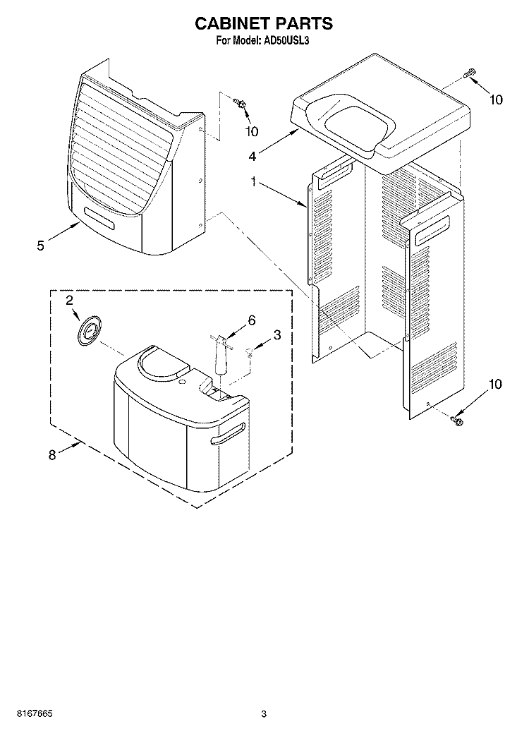 CABINET PARTS Diagram and Parts List for AD50USL3  Whirlpool Dehumidifier