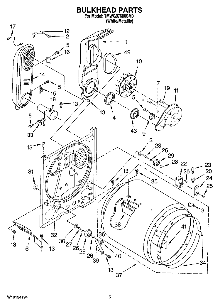BULKHEAD PARTS Diagram and Parts List for 7MWG87600SM0  Whirlpool Dryer