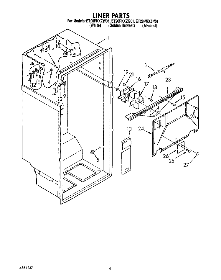 LINER Diagram and Parts List for ET20PKXZN01  Whirlpool Refrigerator