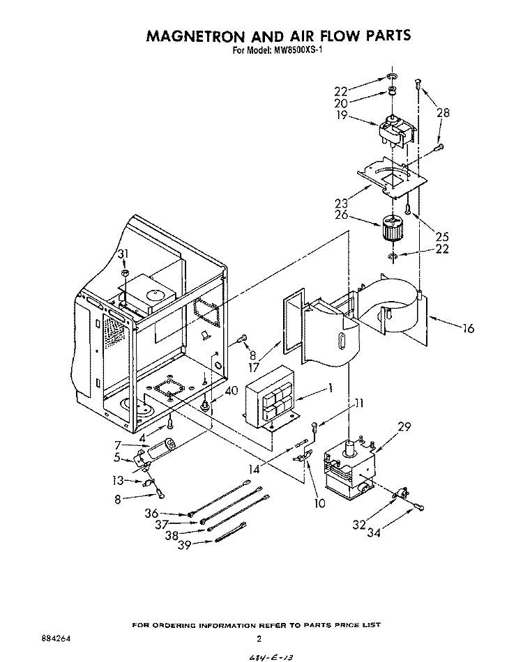 MAGNETRON AND AIRFLOW Diagram and Parts List for MW8500XS1  Whirlpool Microwave