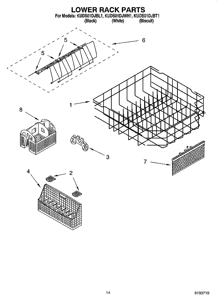 LOWER RACK PARTS Diagram and Parts List for KUDS01DJBT1  KitchenAid Dishwasher