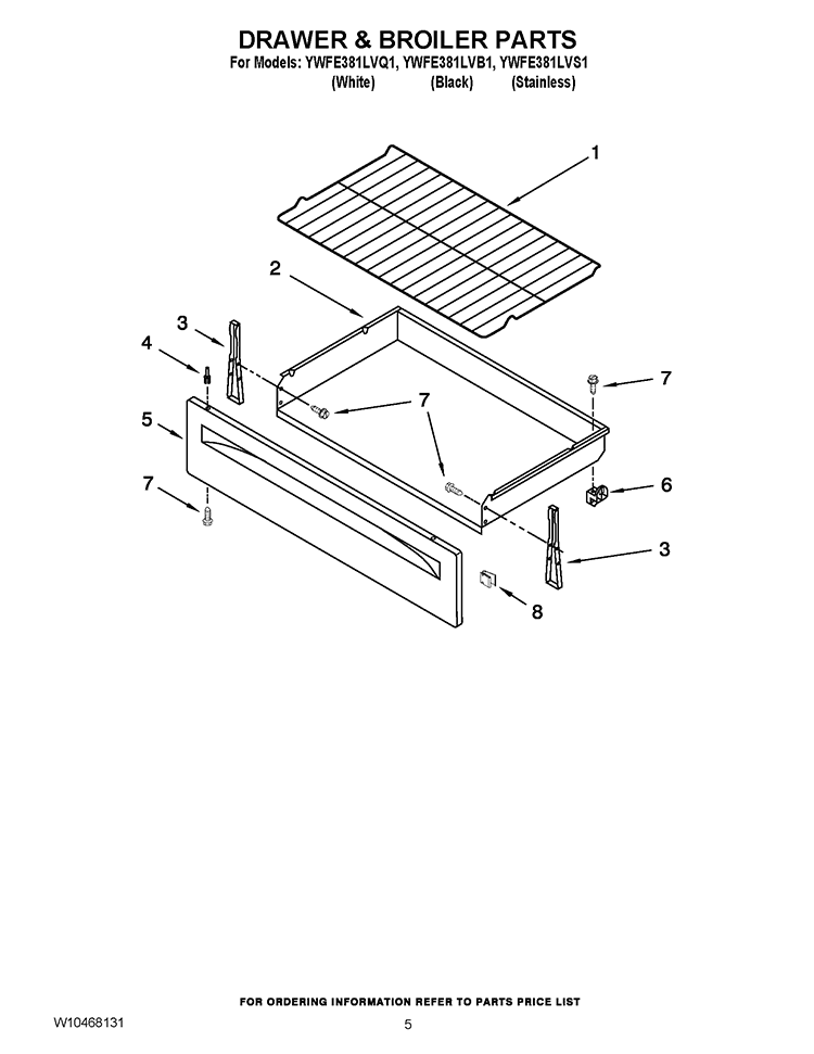 DRAWER & BROILER PARTS Diagram and Parts List for YWFE381LVB1  Whirlpool Range