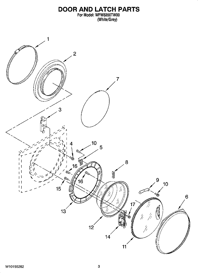 DOOR AND LATCH PARTS Diagram and Parts List for WFW8200TW00  Whirlpool Washer