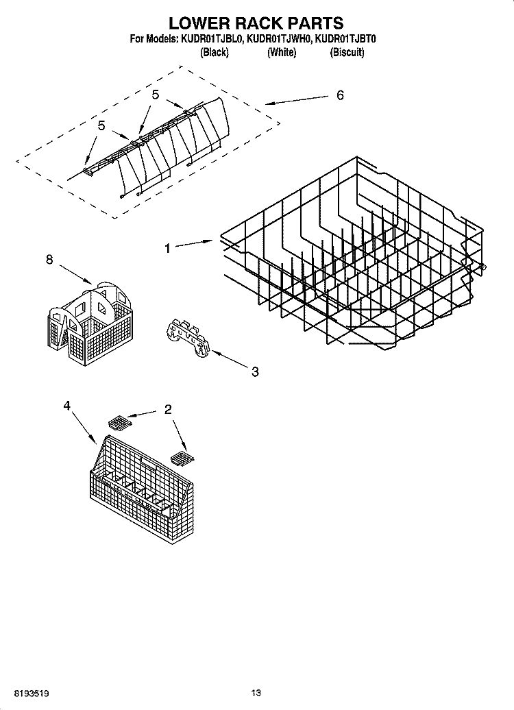 LOWER RACK PARTS Diagram and Parts List for KUDR01TJBT0  KitchenAid Dishwasher