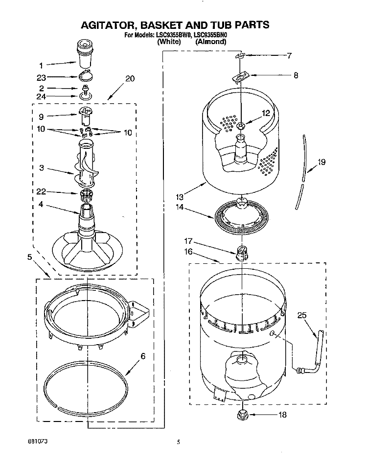 AGITATOR, BASKET AND TUB Diagram and Parts List for LSC9355BW0  Whirlpool Washer