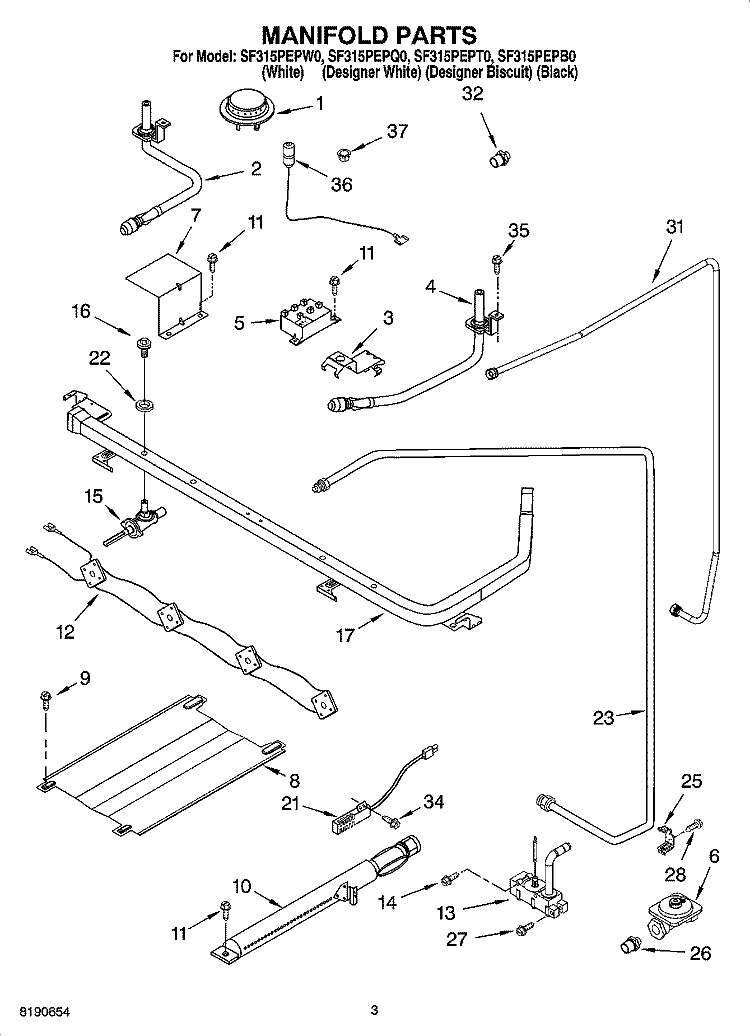 MANIFOLD PARTS Diagram and Parts List for SF315PEPB0  Whirlpool Range